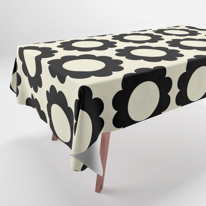 Black and Cream Happy Flowers Minimal Retro Floral Pattern Tablecloth Gallery Image 1