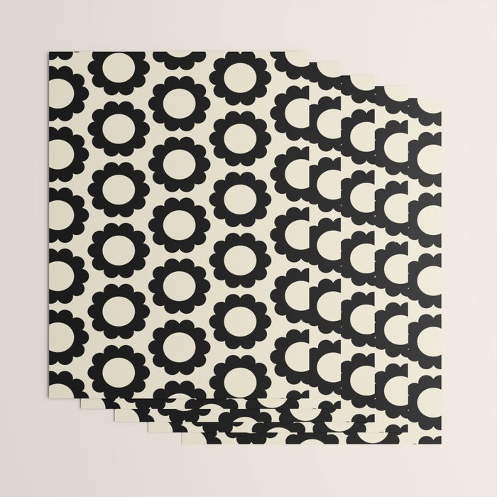 Black and Cream Happy Flowers Minimal Retro Floral Pattern Wrapping Paper Gallery Image 3