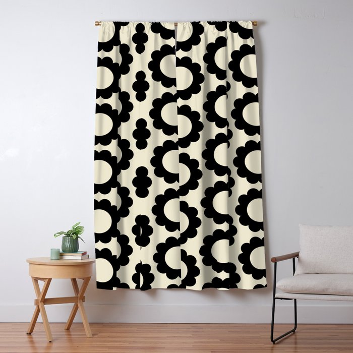 Black and Cream Happy Flowers Minimal Retro Floral Pattern Window Curtain Gallery Image 5