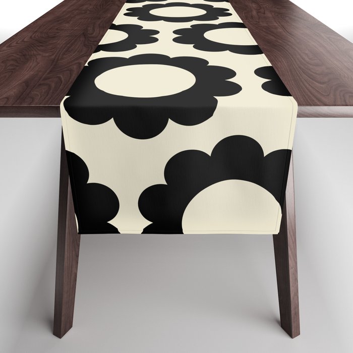 Black and Cream Happy Flowers Minimal Retro Floral Pattern Table Runner Gallery Image 1