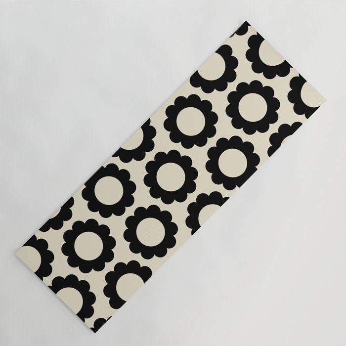 Black and Cream Happy Flowers Minimal Retro Floral Pattern Yoga Mat Gallery Image 1
