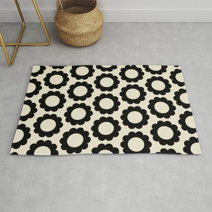 Black and Cream Happy Flowers Minimal Retro Floral Pattern Rug Gallery Image 1