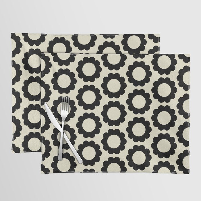 Black and Cream Happy Flowers Minimal Retro Floral Pattern Placemat Gallery Image 1