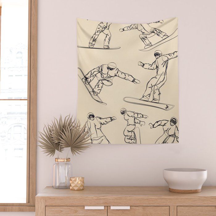 Minimal Snowboarders Line Art 2 Wall Tapestry Gallery Image 2