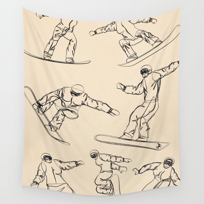 Minimal Snowboarders Line Art 2 Wall Tapestry Gallery Image 1