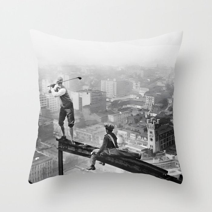 Tough Par Four - Golf Game at 1000 feet black and white photograph Throw Pillow Gallery Image 1
