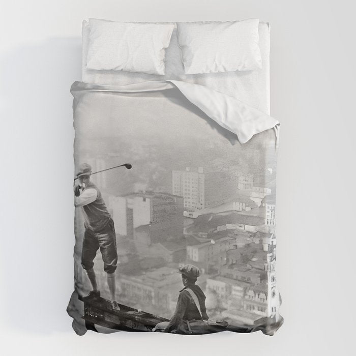 Tough Par Four - Golf Game at 1000 feet black and white photograph Duvet Cover Gallery Image 6