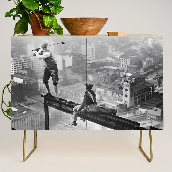 Tough Par Four - Golf Game at 1000 feet black and white photograph Credenza Gallery Image 1