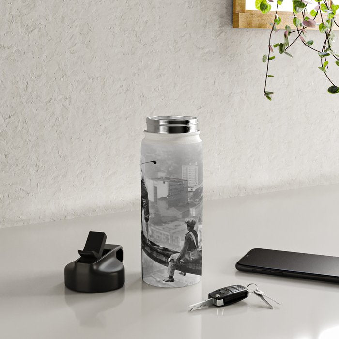Tough Par Four - Golf Game at 1000 feet black and white photograph Water Bottle Gallery Image 4