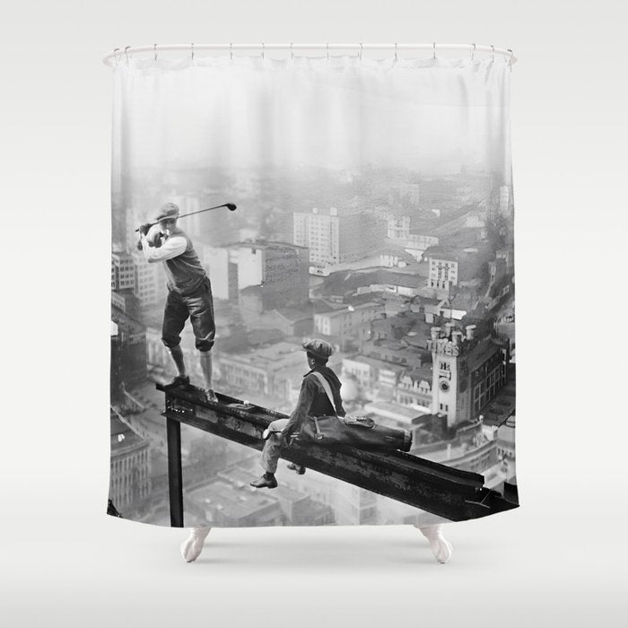 Tough Par Four - Golf Game at 1000 feet black and white photograph Shower Curtain Gallery Image 1