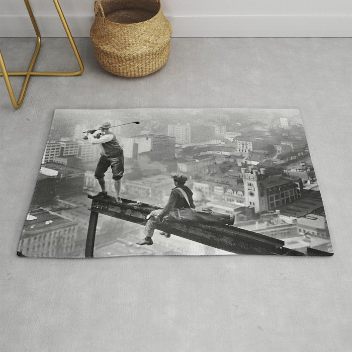 Tough Par Four - Golf Game at 1000 feet black and white photograph Rug Gallery Image 1