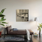 Young woman with pet dog hailing a yellow cab taxi New York City portrait black and white photograph - photography - photographs Wood Wall Art Gallery Image 2