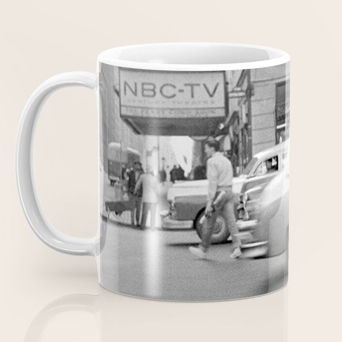 Young woman with pet dog hailing a yellow cab taxi New York City portrait black and white photograph - photography - photographs Coffee Mug Gallery Image 3