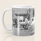 Young woman with pet dog hailing a yellow cab taxi New York City portrait black and white photograph - photography - photographs Coffee Mug Gallery Image 3
