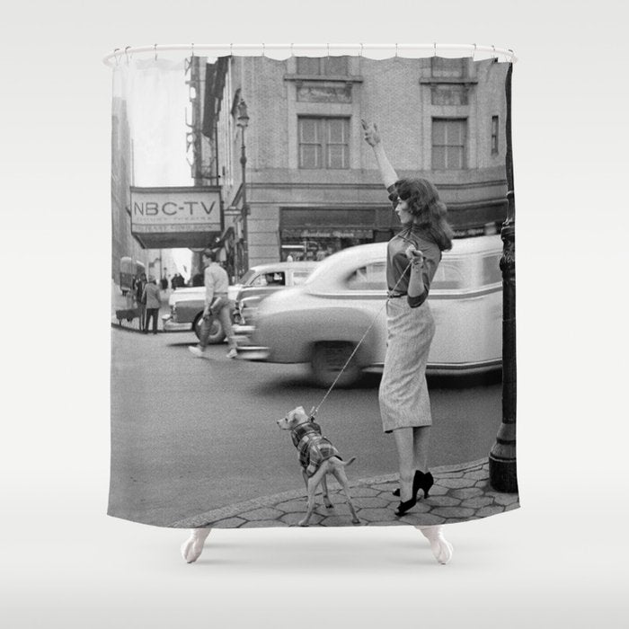 Young woman with pet dog hailing a yellow cab taxi New York City portrait black and white photograph - photography - photographs Shower Curtain Gallery Image 1