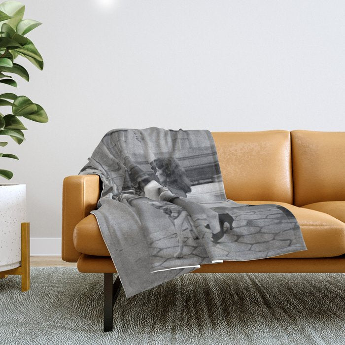 Young woman with pet dog hailing a yellow cab taxi New York City portrait black and white photograph - photography - photographs Throw Blanket Gallery Image 1