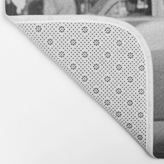 Young woman with pet dog hailing a yellow cab taxi New York City portrait black and white photograph - photography - photographs Bath Mat Gallery Image 2