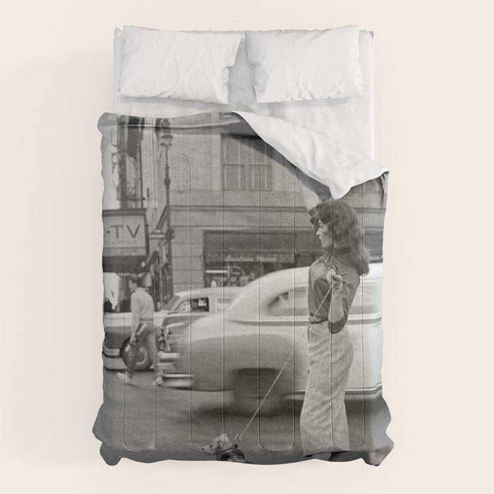 Young woman with pet dog hailing a yellow cab taxi New York City portrait black and white photograph - photography - photographs Comforter Gallery Image 6