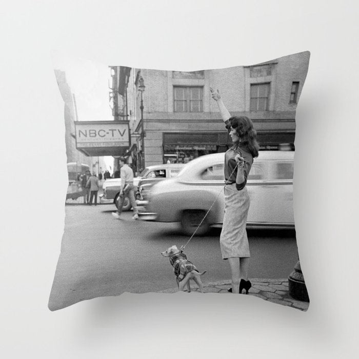 Young woman with pet dog hailing a yellow cab taxi New York City portrait black and white photograph - photography - photographs Throw Pillow Gallery Image 6