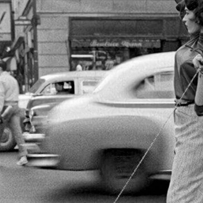 Young woman with pet dog hailing a yellow cab taxi New York City portrait black and white photograph - photography - photographs Coffee Mug Gallery Image 2