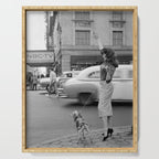 Young woman with pet dog hailing a yellow cab taxi New York City portrait black and white photograph - photography - photographs Serving Tray Gallery Image 1