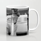 Young woman with pet dog hailing a yellow cab taxi New York City portrait black and white photograph - photography - photographs Coffee Mug Gallery Image 1