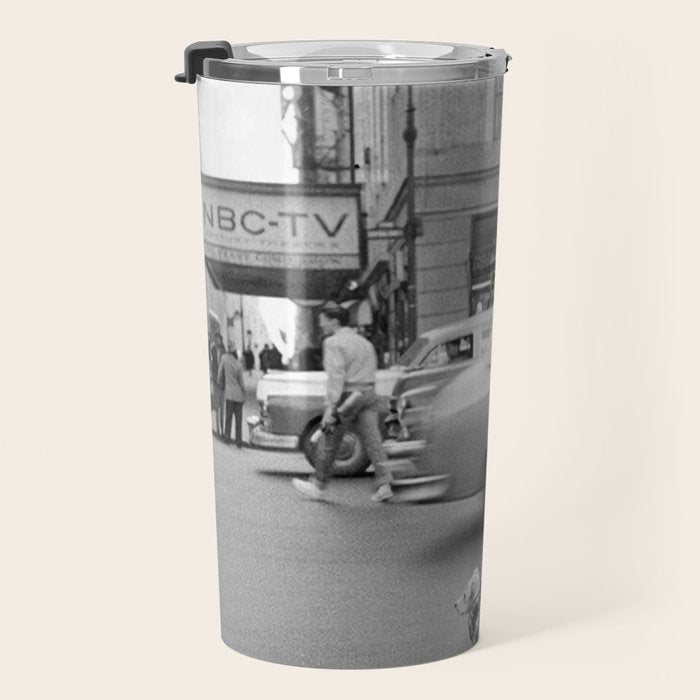 Young woman with pet dog hailing a yellow cab taxi New York City portrait black and white photograph - photography - photographs Travel Mug Gallery Image 3