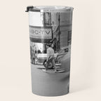 Young woman with pet dog hailing a yellow cab taxi New York City portrait black and white photograph - photography - photographs Travel Mug Gallery Image 3