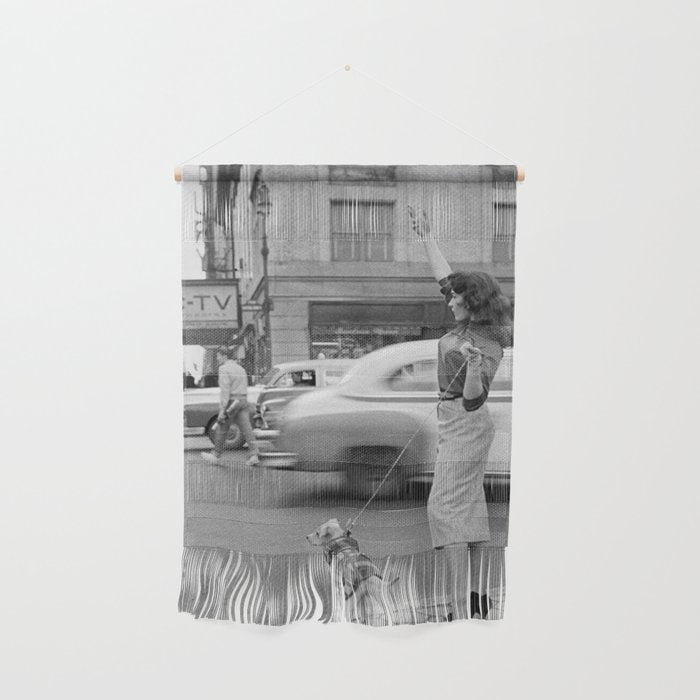 Young woman with pet dog hailing a yellow cab taxi New York City portrait black and white photograph - photography - photographs Wall Hanging Gallery Image 1