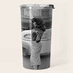 Young woman with pet dog hailing a yellow cab taxi New York City portrait black and white photograph - photography - photographs Travel Mug Gallery Image 2