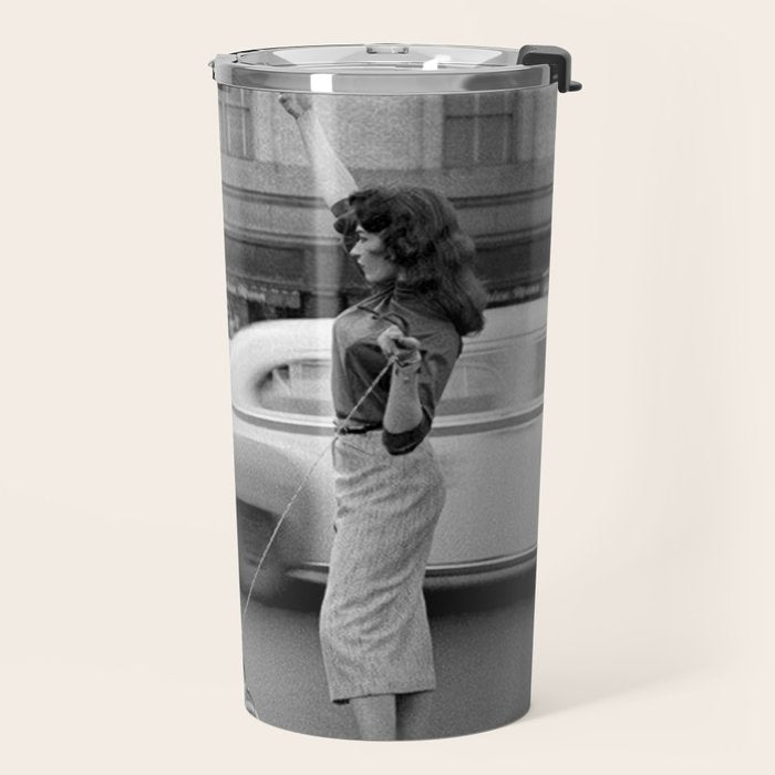 Young woman with pet dog hailing a yellow cab taxi New York City portrait black and white photograph - photography - photographs Travel Mug Gallery Image 2
