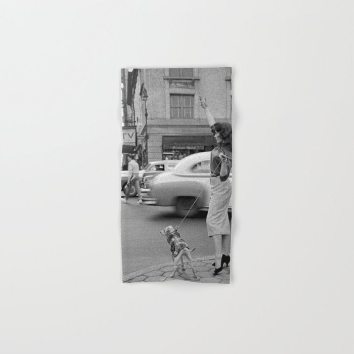 Young woman with pet dog hailing a yellow cab taxi New York City portrait black and white photograph - photography - photographs Bath Towel Gallery Image 1
