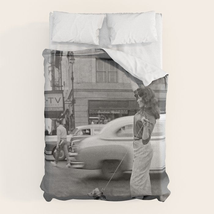 Young woman with pet dog hailing a yellow cab taxi New York City portrait black and white photograph - photography - photographs Duvet Cover Gallery Image 6