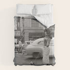 Young woman with pet dog hailing a yellow cab taxi New York City portrait black and white photograph - photography - photographs Duvet Cover Gallery Image 6
