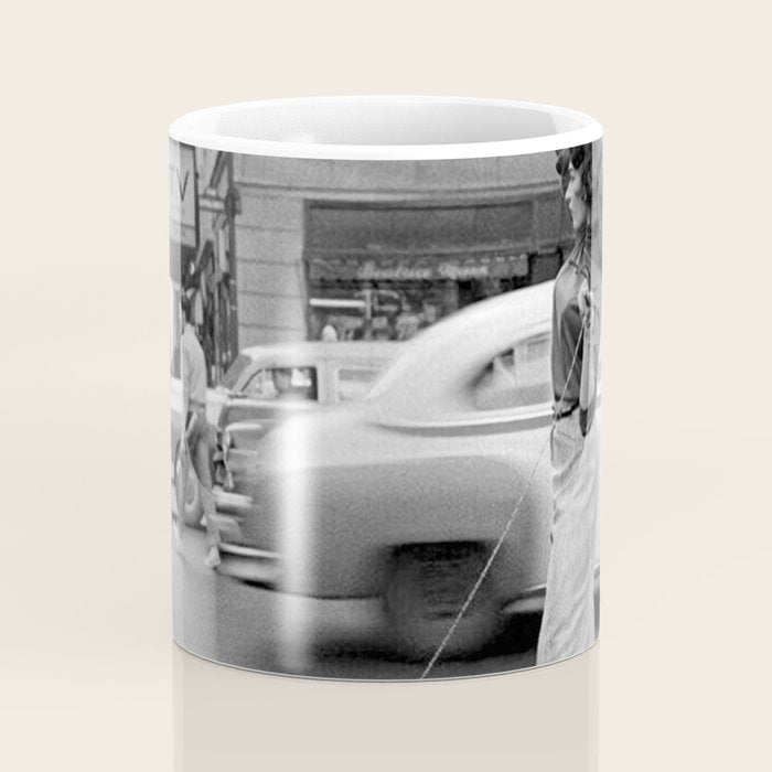 Young woman with pet dog hailing a yellow cab taxi New York City portrait black and white photograph - photography - photographs Coffee Mug Gallery Image 4