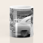 Young woman with pet dog hailing a yellow cab taxi New York City portrait black and white photograph - photography - photographs Coffee Mug Gallery Image 4