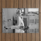 Young woman with pet dog hailing a yellow cab taxi New York City portrait black and white photograph - photography - photographs Outdoor Rug Gallery Image 1