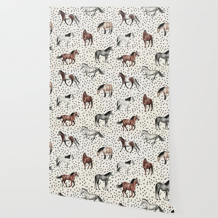 Horses and Dots, Vintage Texture, Wild horses, Hand-painted, Organic Dots, Watercolor Wallpaper Gallery Image 2