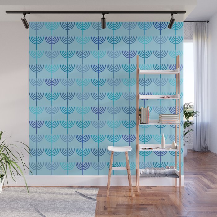 Hanukkah Chanukah Menorah Chanukkiah Pattern in Blue and Turquoise  Wall Mural Gallery Image 1