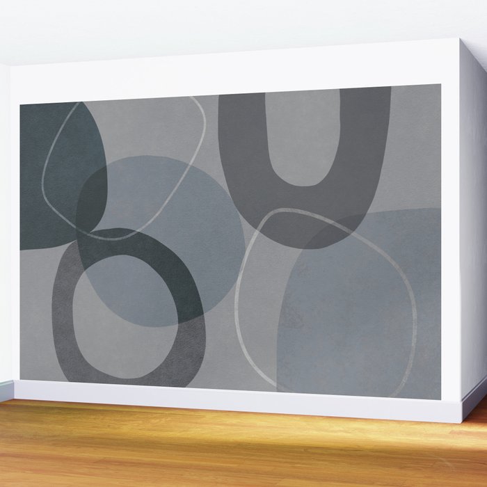 Mid Century Shapes And Outline Grey Teal Wall Mural Gallery Image 2
