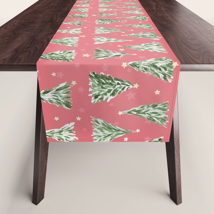 Holiday christmas tree over pink watermelon pattern Table Runner Gallery Image 1