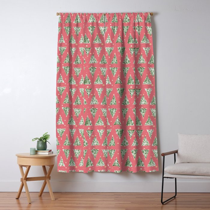 Holiday christmas tree over pink watermelon pattern Window Curtain Gallery Image 1