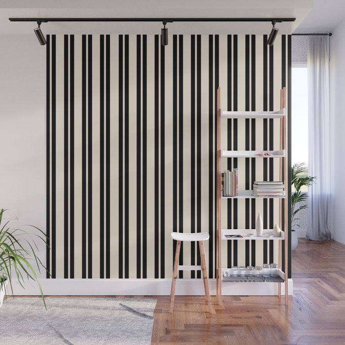 Classic Double Stripe Pattern in Black and Almond Cream Wall Mural Gallery Image 1