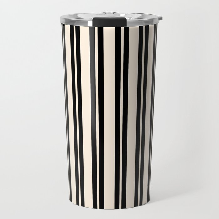 Classic Double Stripe Pattern in Black and Almond Cream Travel Mug Gallery Image 1