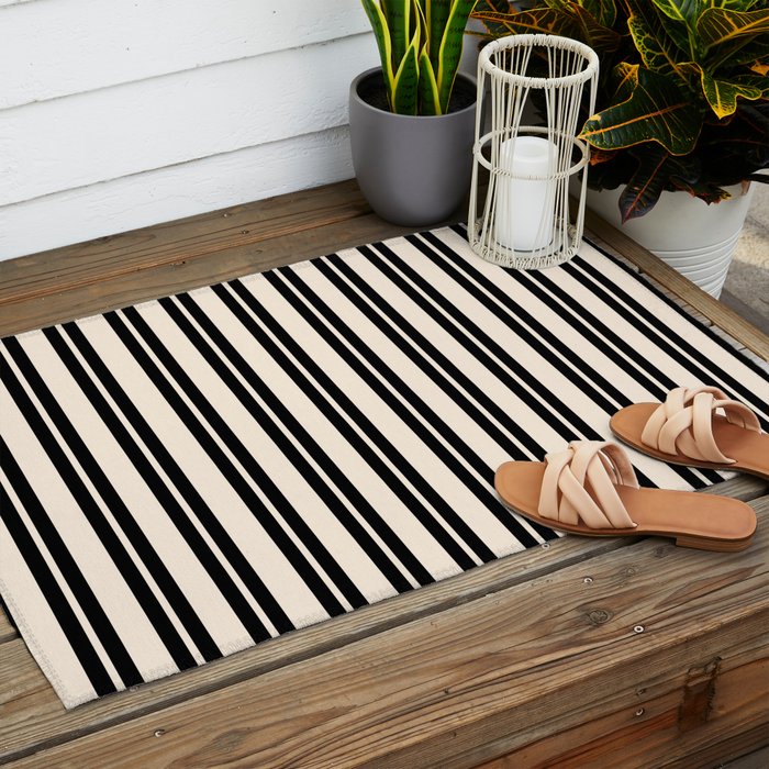 Classic Double Stripe Pattern in Black and Almond Cream Outdoor Rug Gallery Image 2