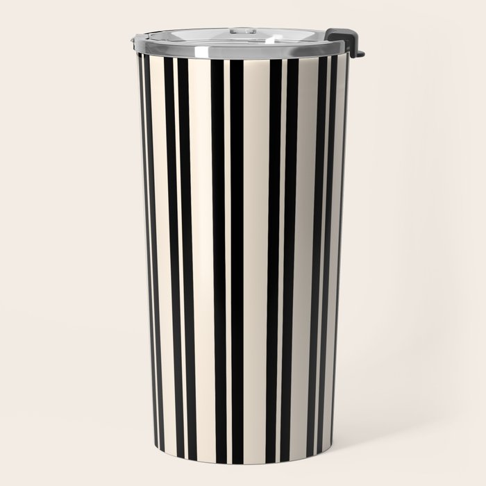 Classic Double Stripe Pattern in Black and Almond Cream Travel Mug Gallery Image 2