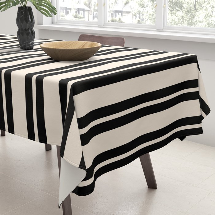 Classic Double Stripe Pattern in Black and Almond Cream Tablecloth Gallery Image 3