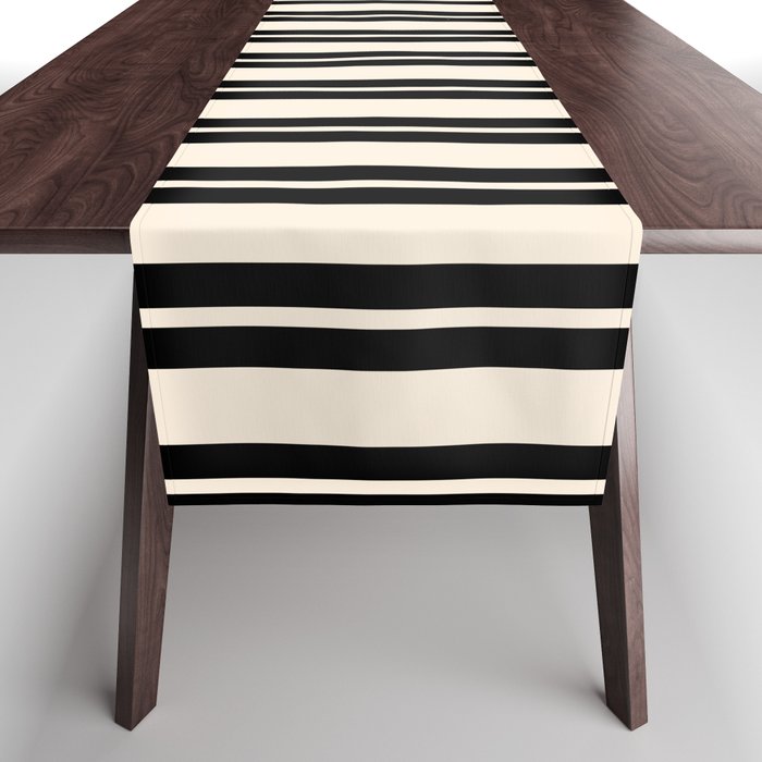 Classic Double Stripe Pattern in Black and Almond Cream Table Runner Gallery Image 1