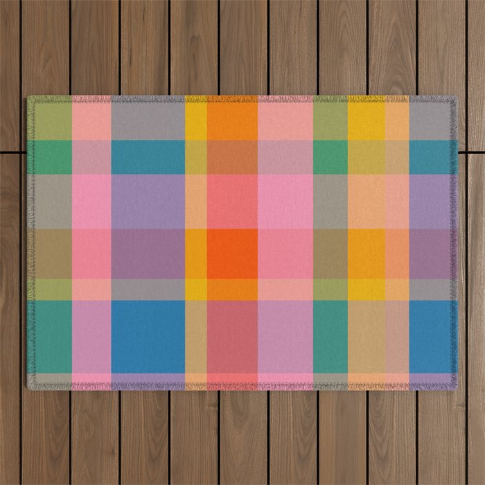 Rainbow Pop Colorful Checked Plaid Pattern Outdoor Rug Gallery Image 1