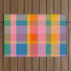 Rainbow Pop Colorful Checked Plaid Pattern Outdoor Rug Gallery Image 1